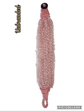 Pink rhinestone, small pink beaded fabric cuff bracelet with metal end closure